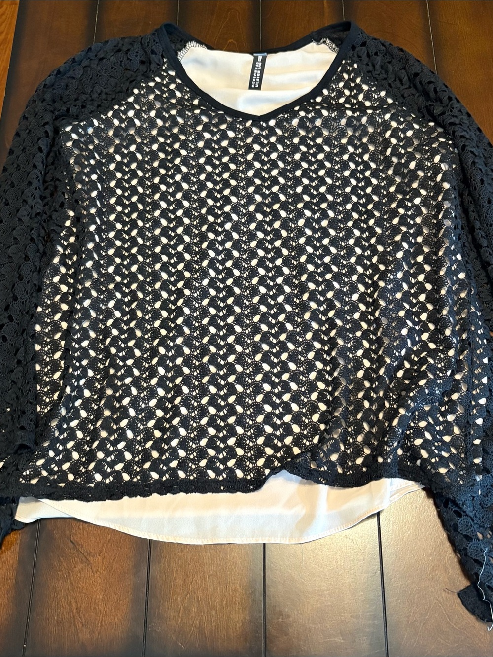 Design Lab Lord & Taylor Black Crochet Overlay Top with Cream Underlay